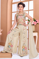 Girls Beige Bead Work With Floral Embroidered Palazzo Set with Dupatta