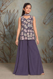 Girls Purple Multicolour Floral Sequin Embroidered Sleeveless Palazzo Set With Dupatta