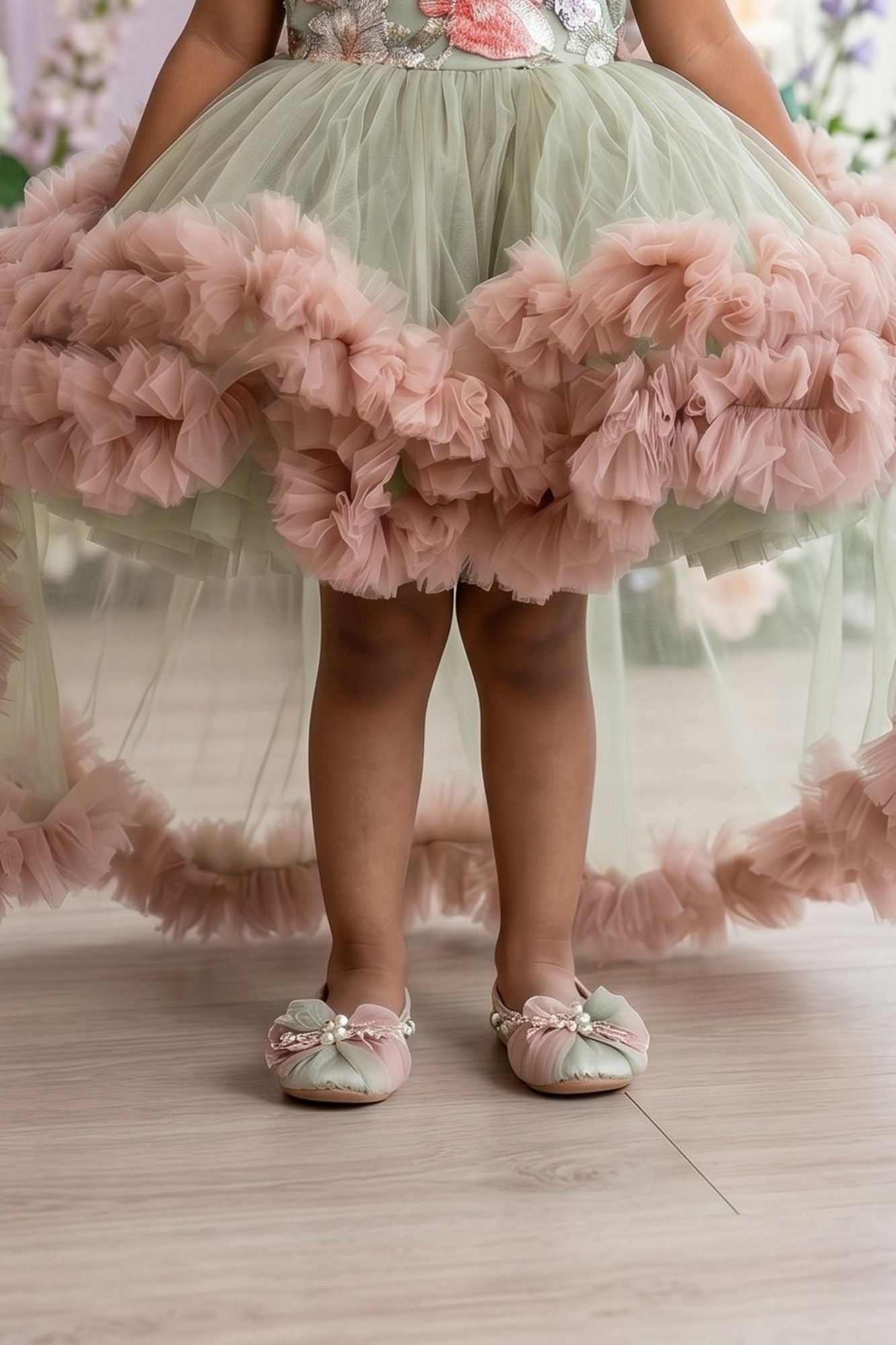 Girls Sage Green And Blush Pink Floral Party Frock With Ruffle High-Low Hem