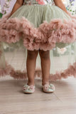 Girls Sage Green And Blush Pink Floral Party Frock With Ruffle High-Low Hem