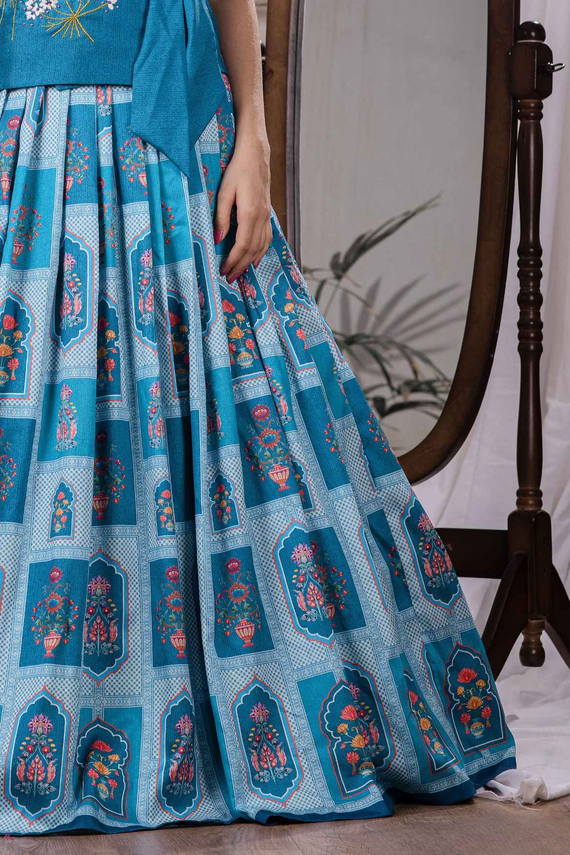 Blue Printed And Embroidered Lehenga Choli Set For Girls