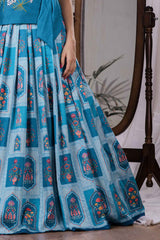 Blue Printed And Embroidered Lehenga Choli Set For Girls