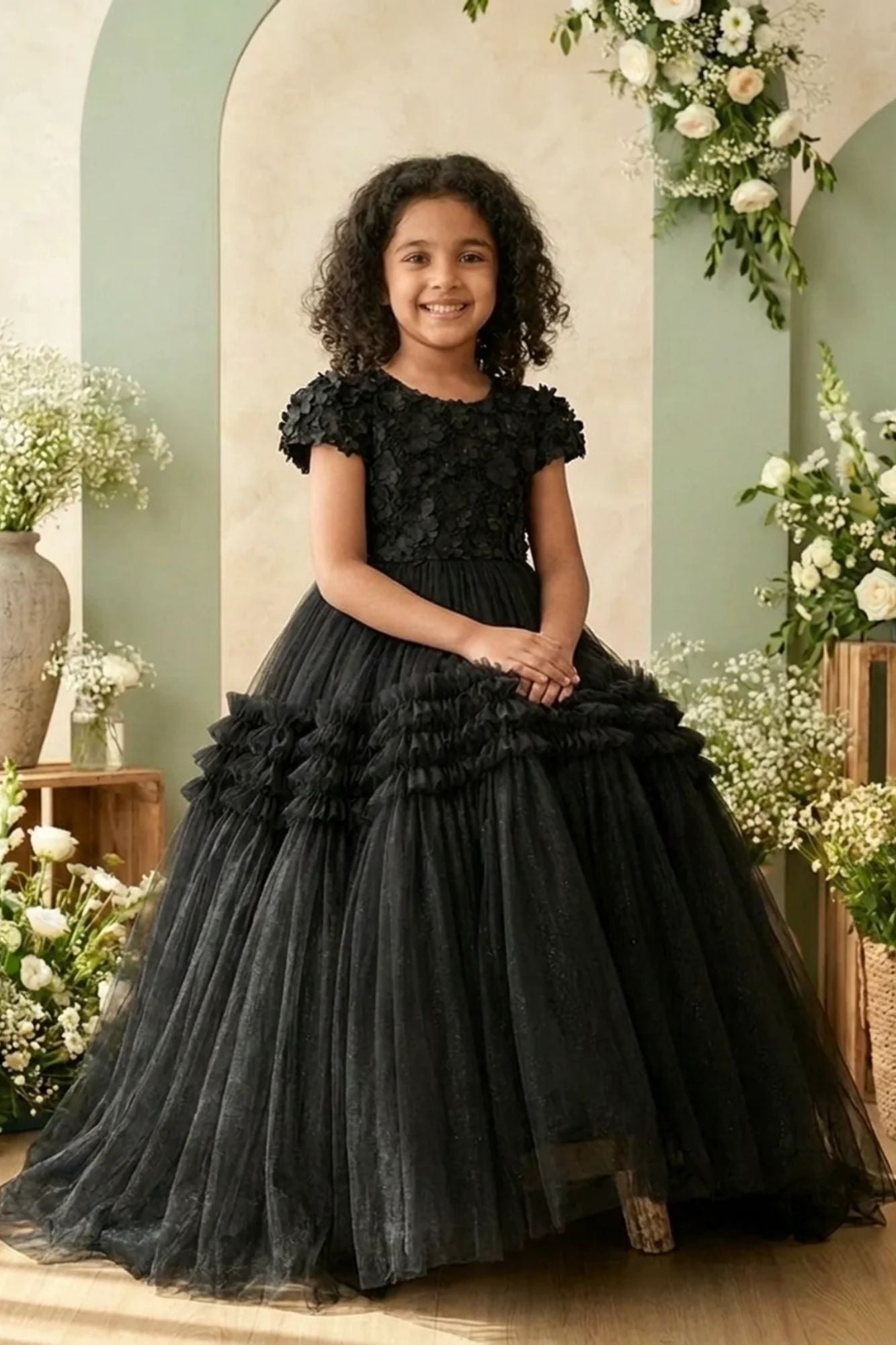 Girls Black Floral Embellished Layered Net Ball Gown