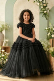 Girls Black Floral Embellished Layered Net Ball Gown