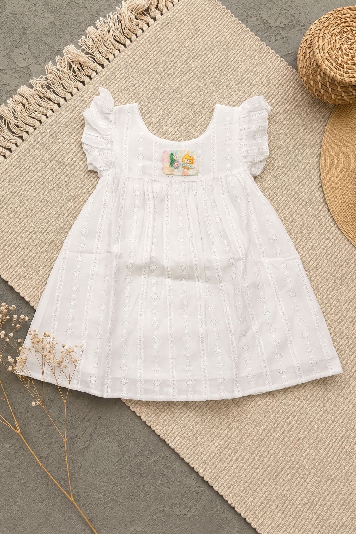 Adorable Girls White Lace Detail A-Line Dress with Ruffle Sleeves