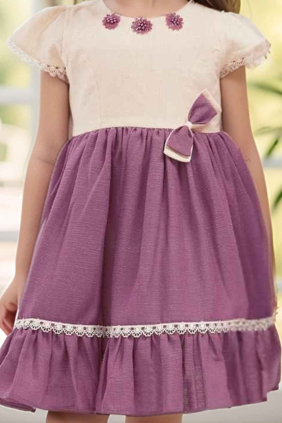 Purple Floral And Bow Embellished Casual Dress For Girls