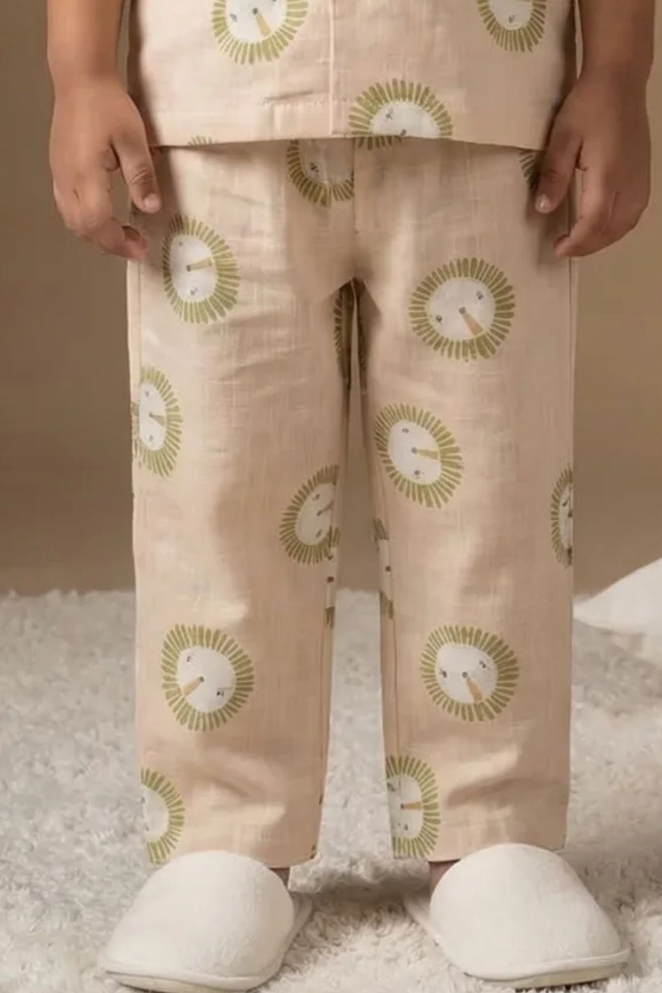 Cream Lion Print Cotton Night Suit Set For Boys