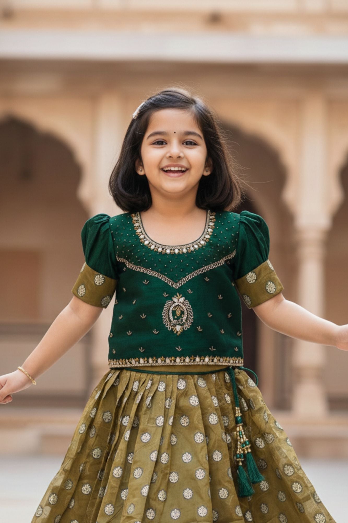 Bottle Green Mirror Embroidered Silk Pattu Pavadai For Girls