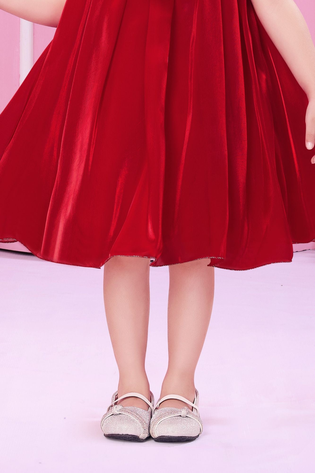 Red 3D Floral Applique Party Wear Frock for Girls