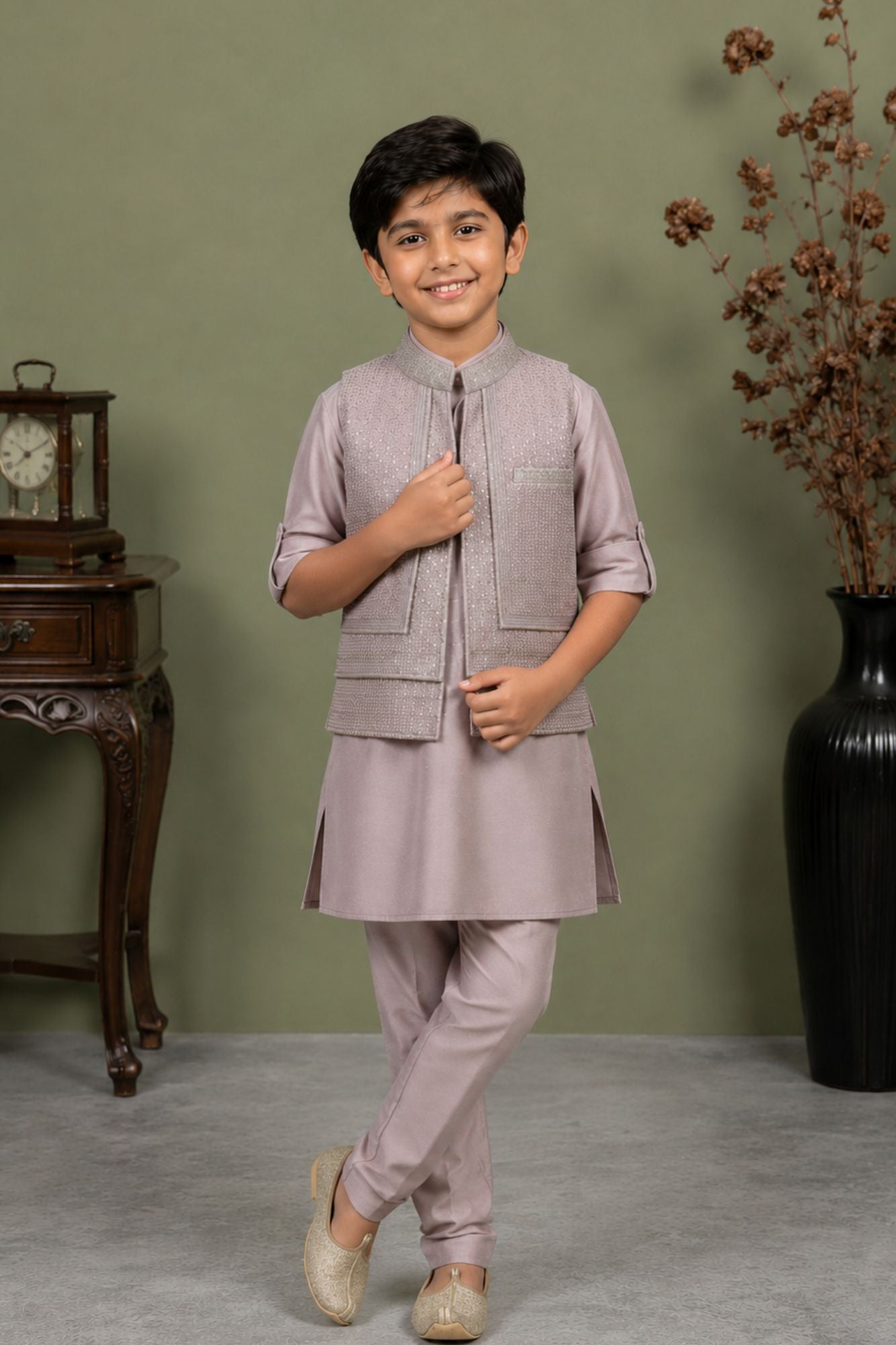 Onion Pink Embroidered Kurta Pajama Set with Ethnic Jacket for Boys