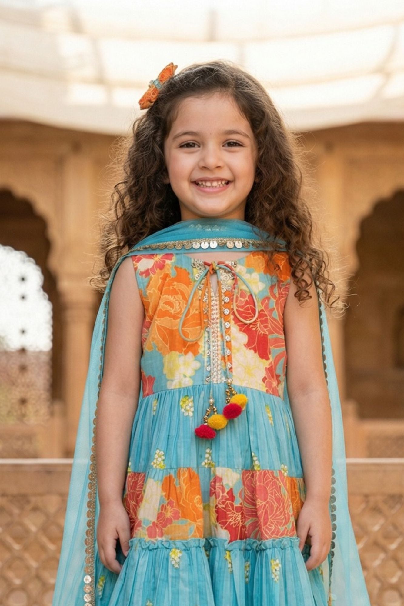 Girls Blue Floral Tiered Palazzo Set with Dupatta