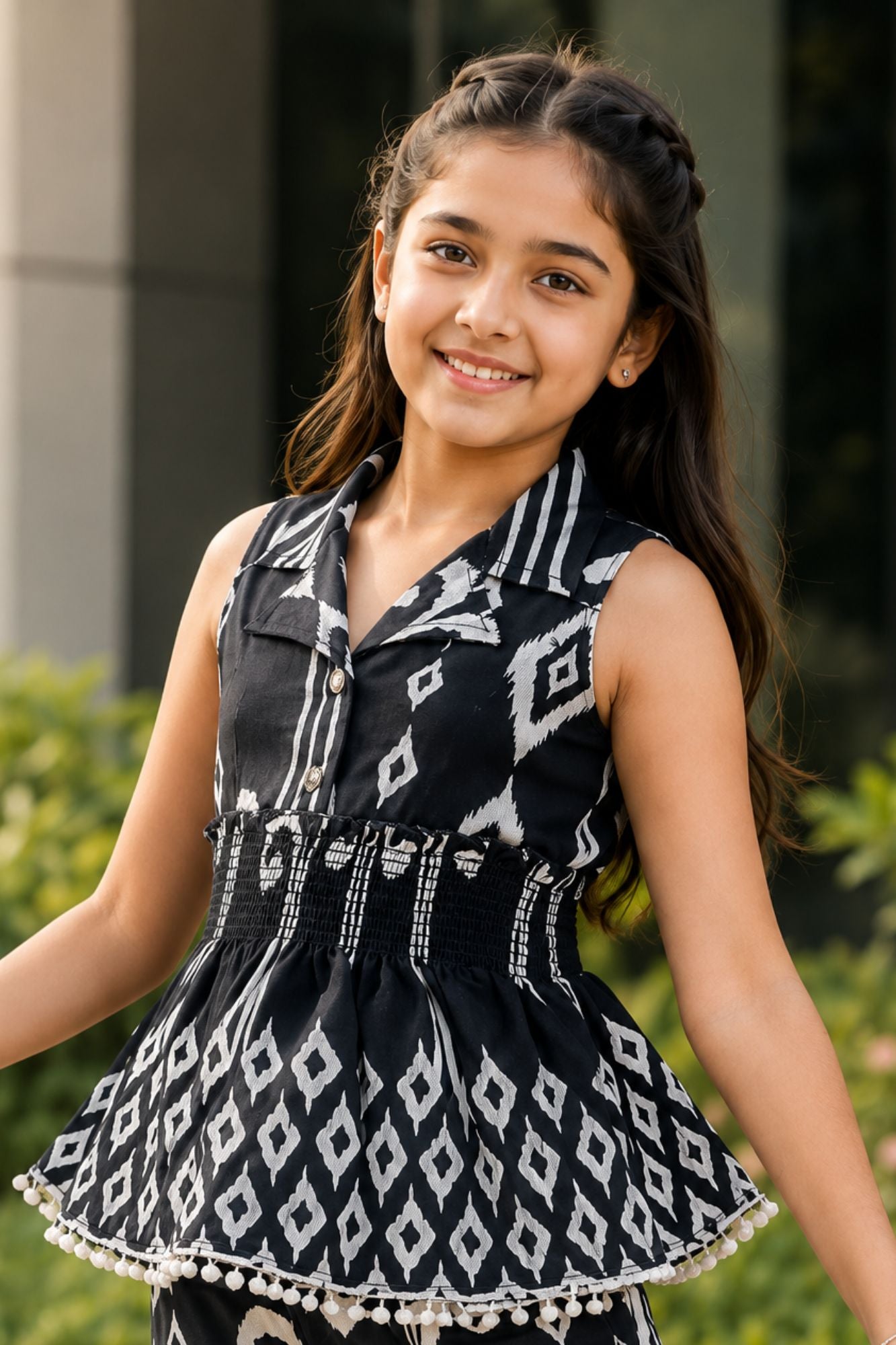 Black And White Printed Sleeveless Co-Ord Set with Wide-Leg Pants for Girls