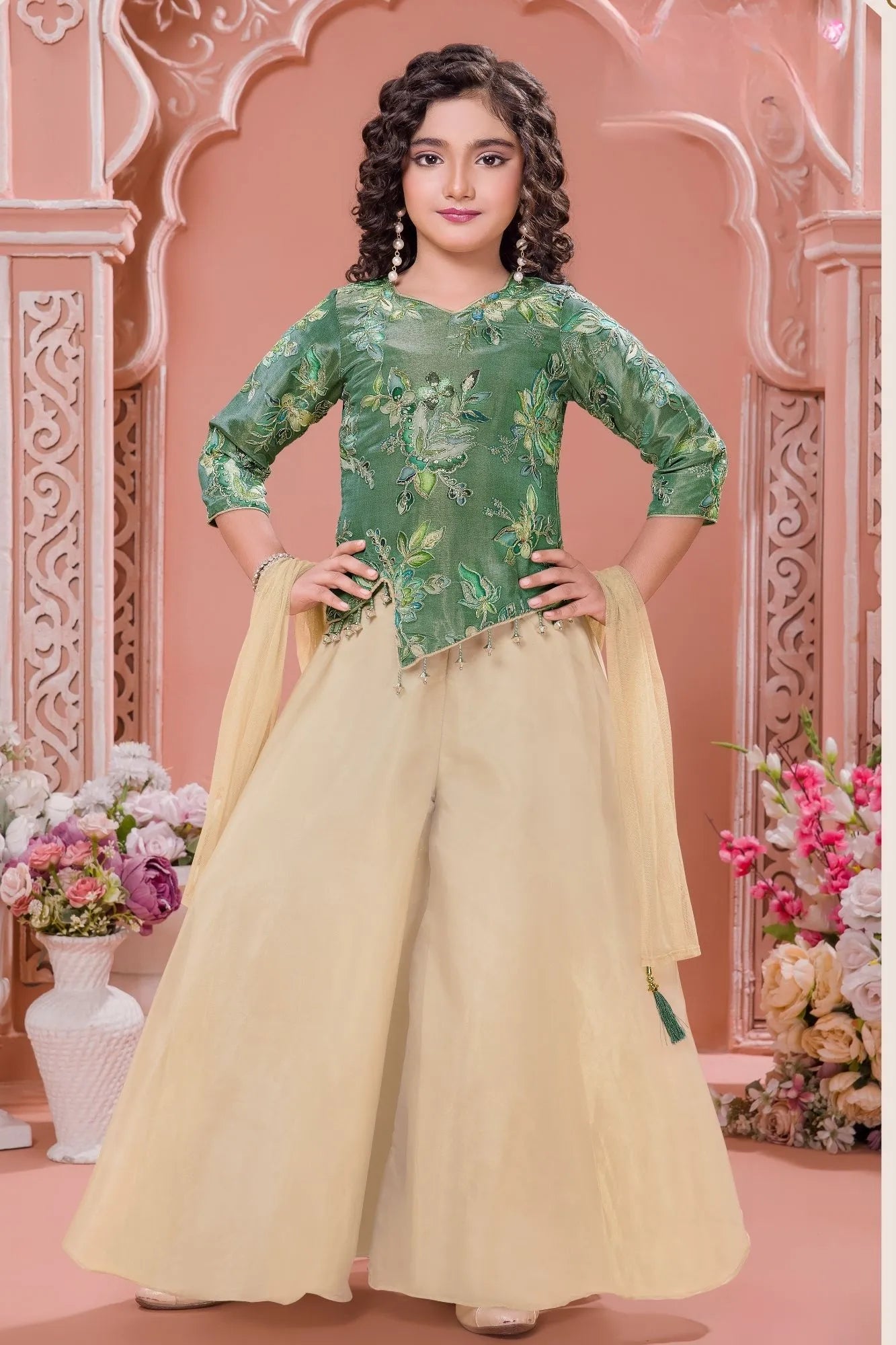 Green Embroidered Top with Ivory Palazzo Set And Dupatta For Girls