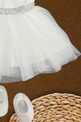 White Sleeveless And Bow Embellished With Sequins Work Frock For Girls