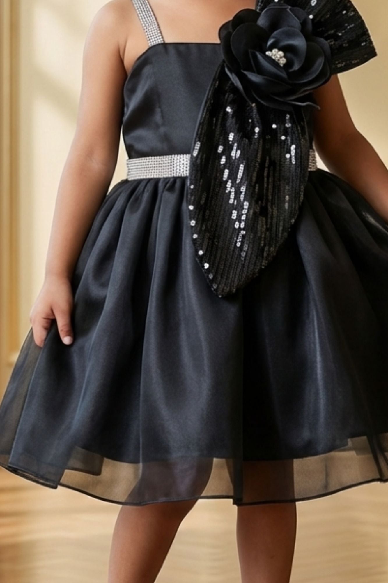 Black Party Frock With Sequin Bow And 3D Flower Detail For Girls
