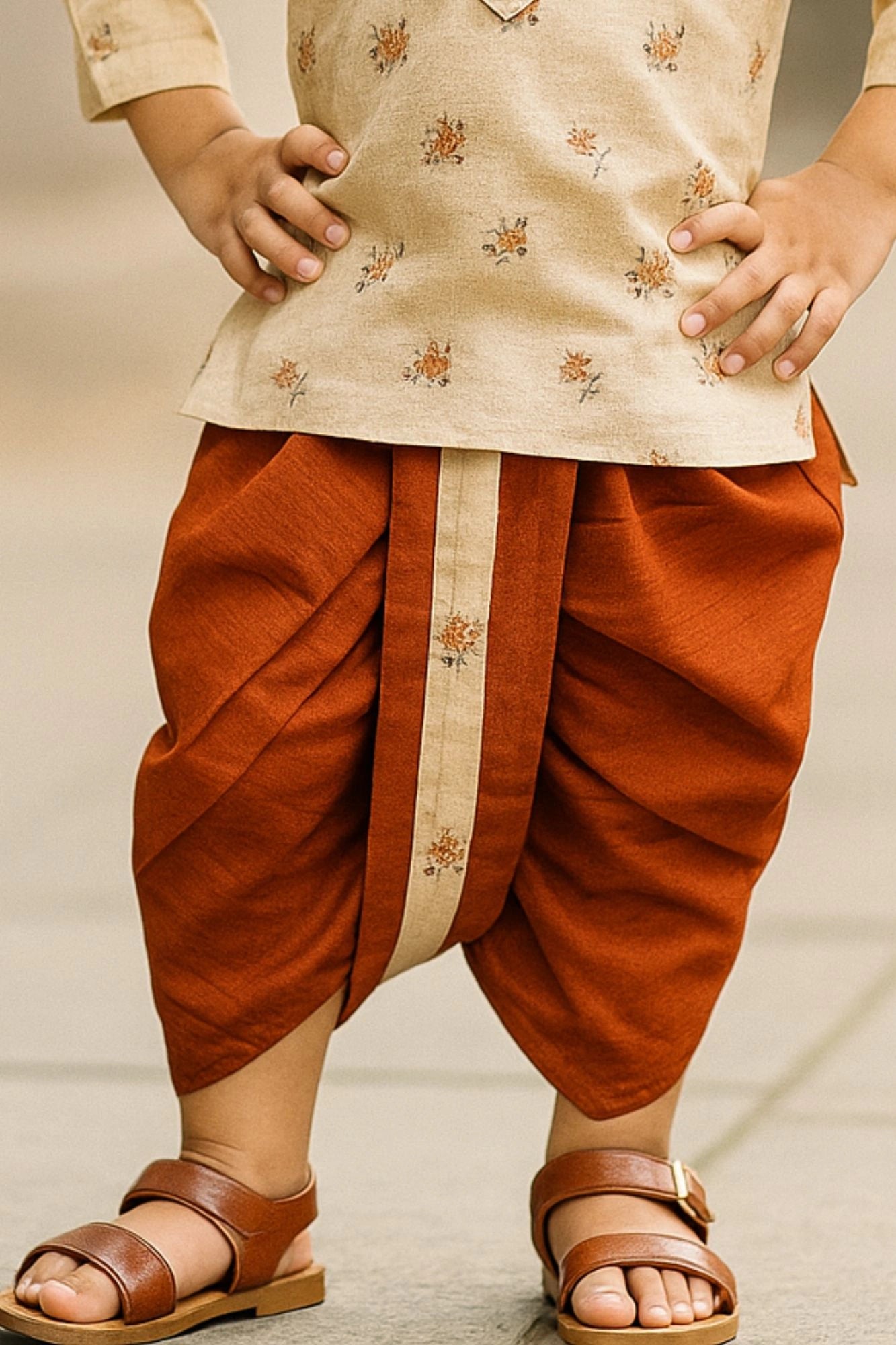 Cream and Rust Orange Printed Kurta with Dhoti Set For Boys
