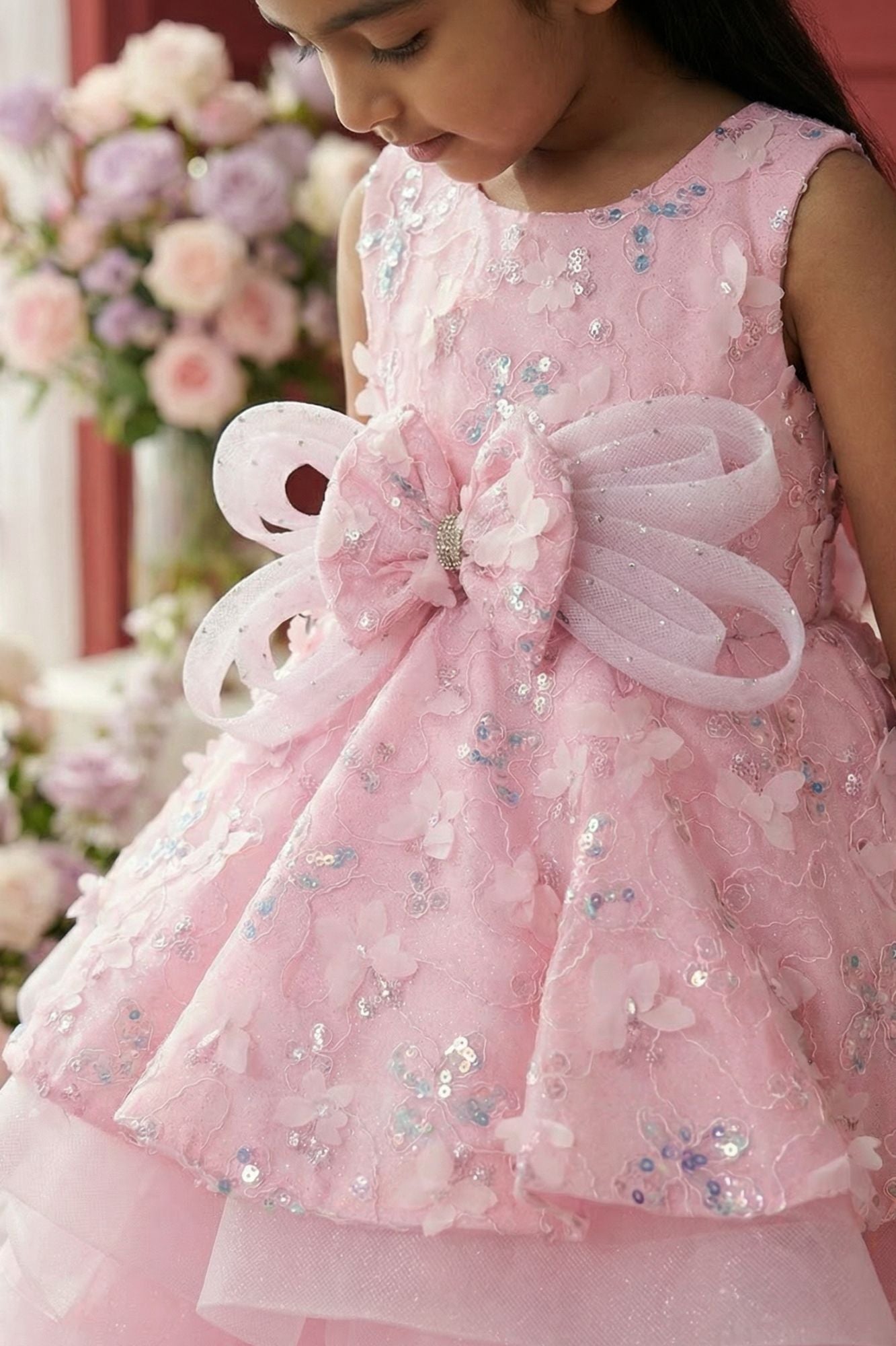 Girls Pink Layered Party Wear Gown with Floral Embroidery And Statement Bow