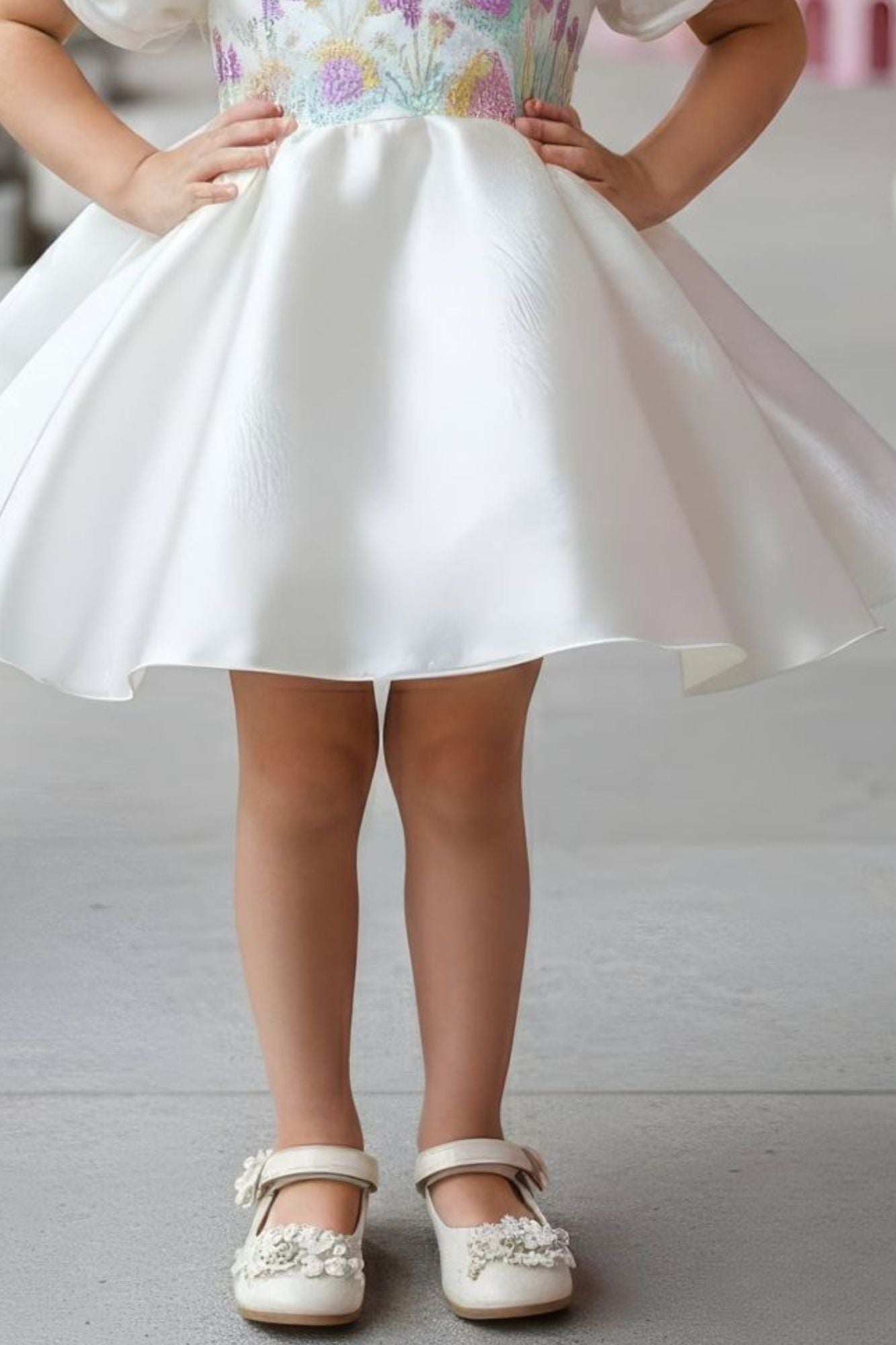 White Floral Embroidered Puff Sleeve Party Frock For Girls