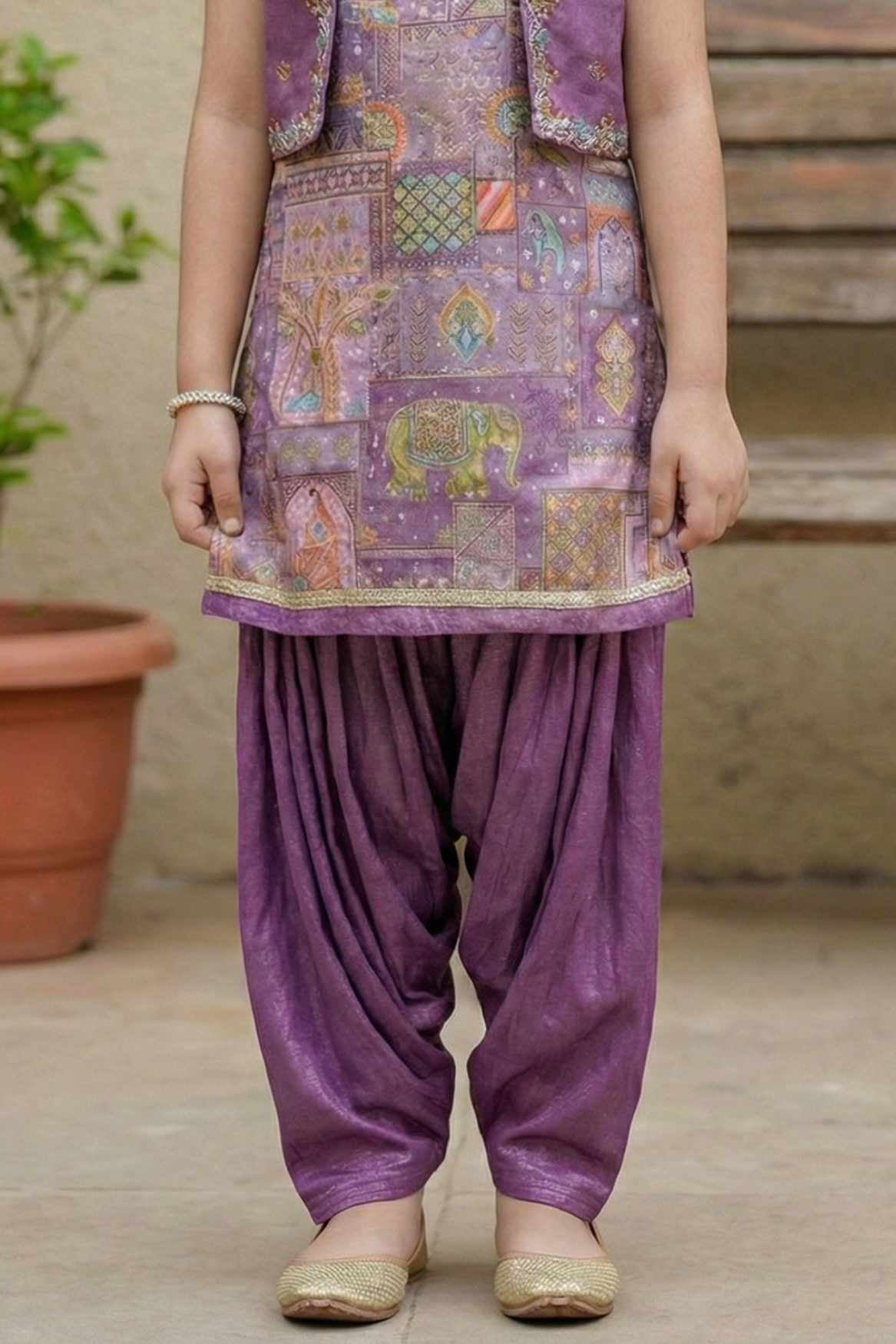 Purple Printed Patiala Set with Embroidered Jacket For Girls