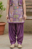 Purple Printed Patiala Set with Embroidered Jacket For Girls