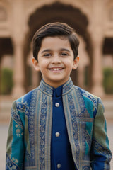 Blue Premium Brocade Indo Western Suit Set For Boys
