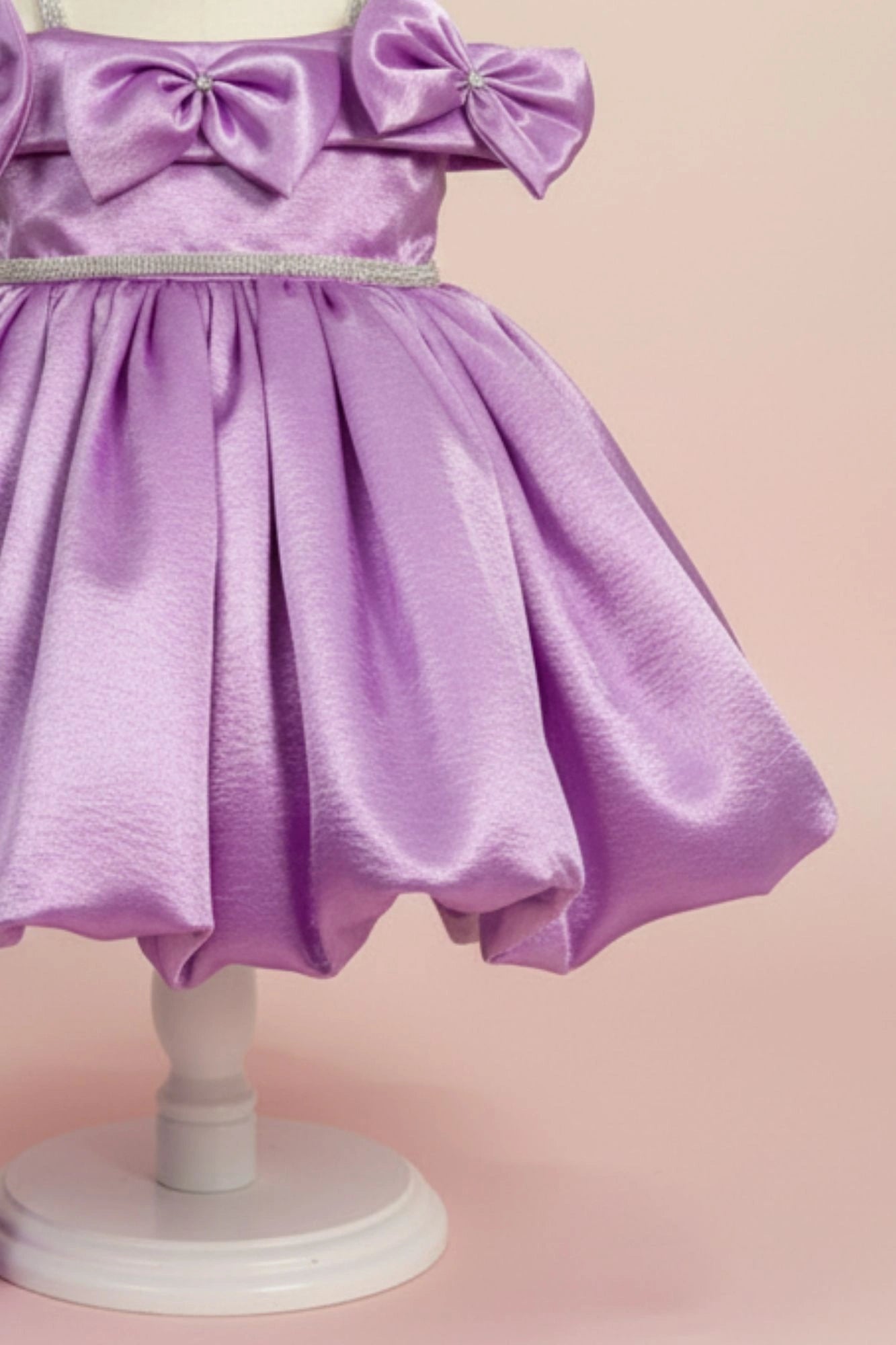 Purple Party Wear Frock with Shoulder Bows and Crystal Belt For Girls