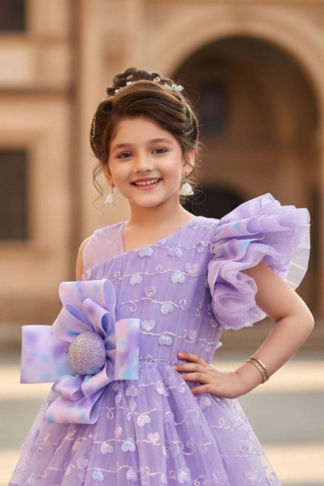 Lavender One-Shoulder Bow Embroidered Party Gown for Girls