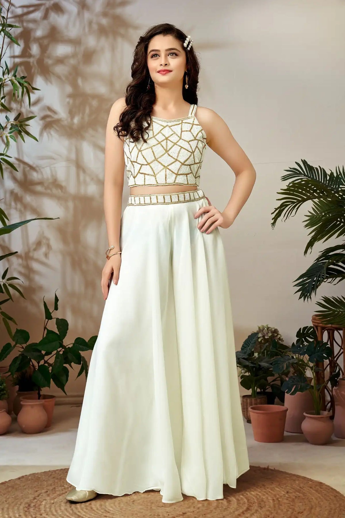 Ivory White Palazzo Set with Gold Beadwork Crop Top For Girls