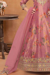 Pink Printed And Embroidered Gown For Girls