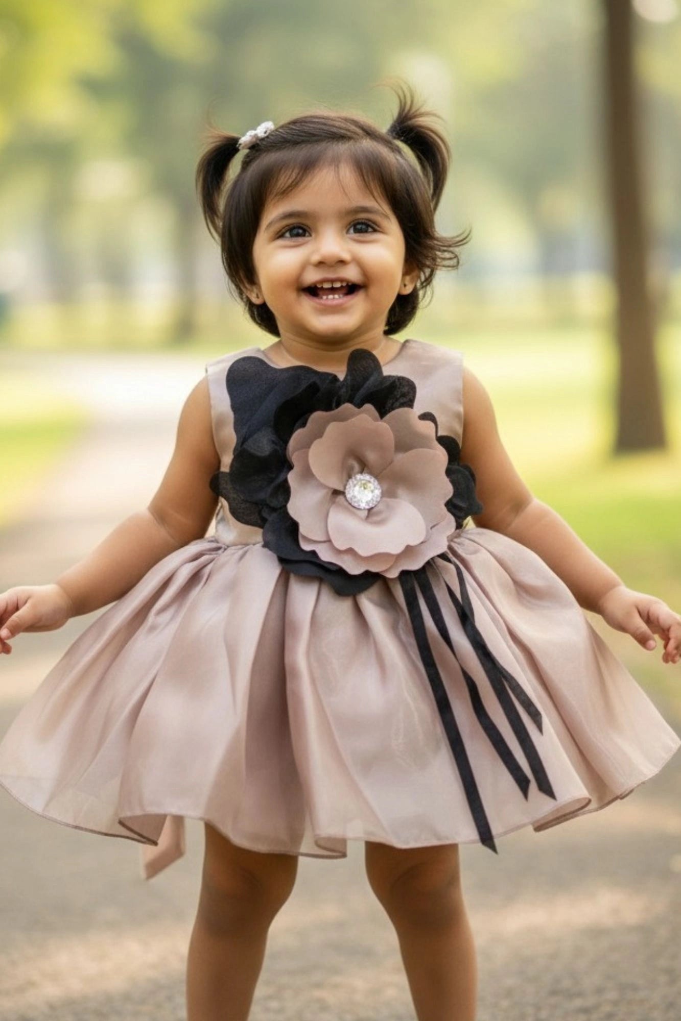 Brown Party Wear Frock with Oversized Black & Grey Floral Appliqué For Girls