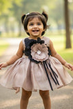 Brown Party Wear Frock with Oversized Black & Grey Floral Appliqué For Girls