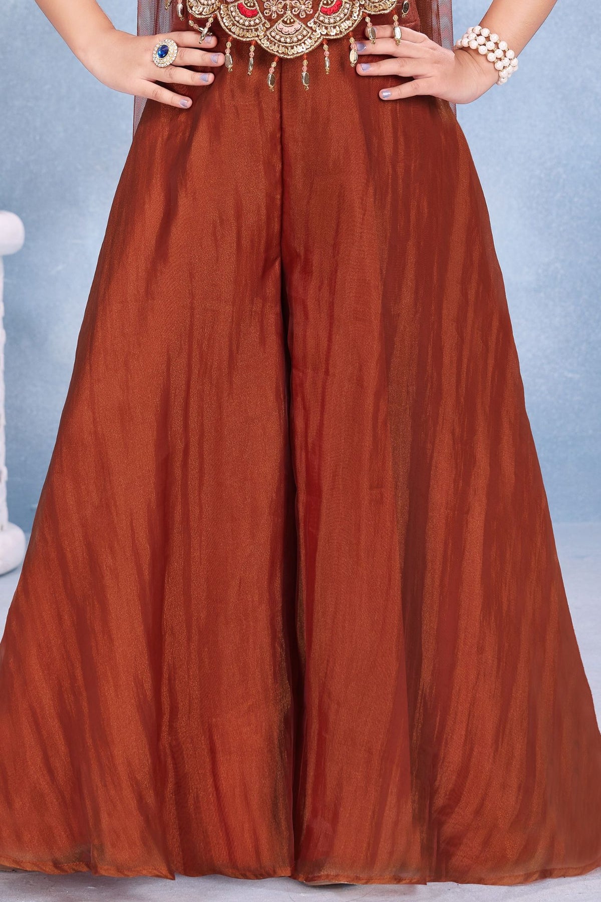 Girls Rust Orange Embroidered Palazzo Set With Dupatta