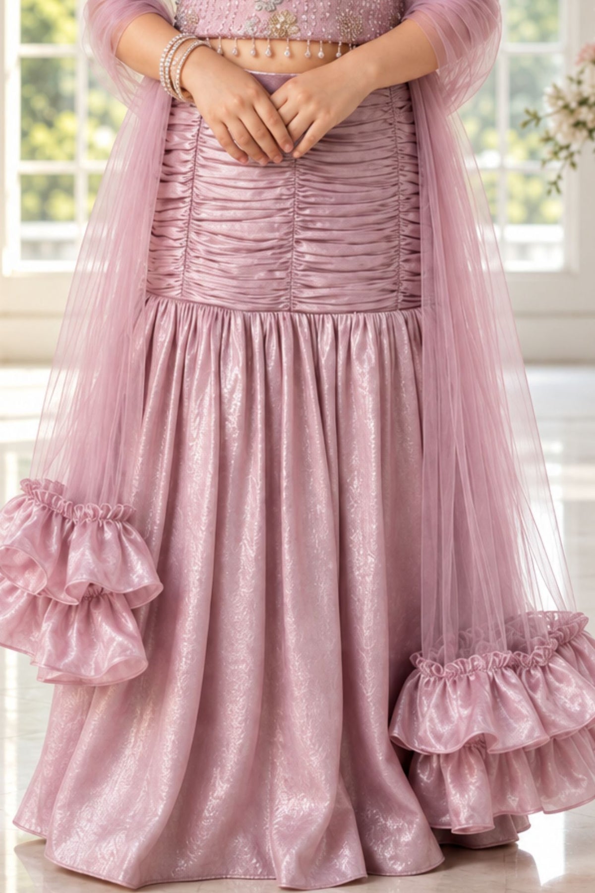 Pastel Pink Sequin Embellished Mermaid Lehenga Set For Girls
