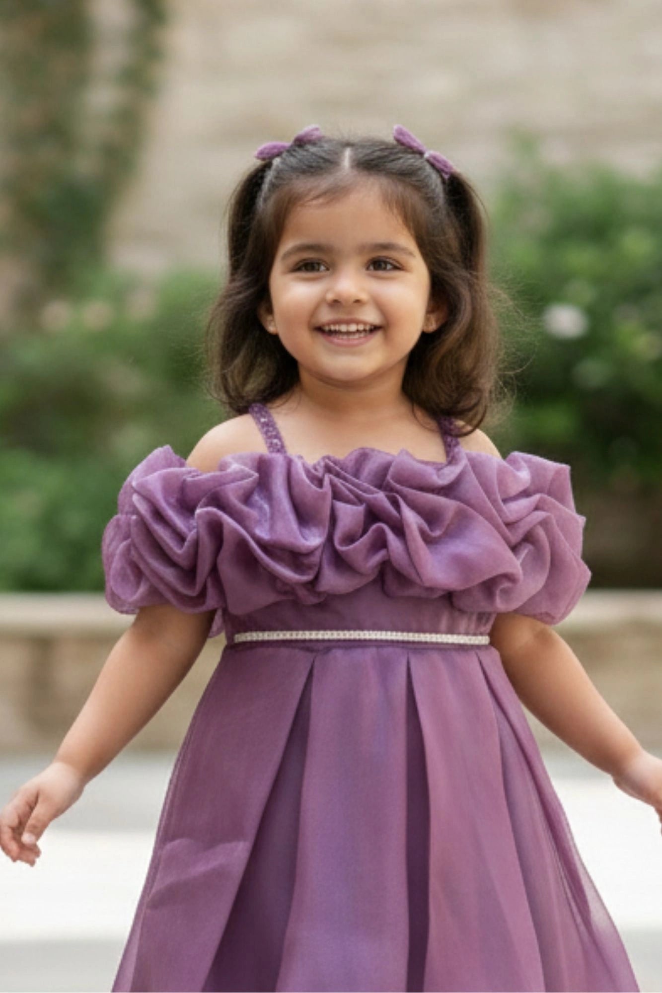 Purple Ruffle Layered Party Wear Frock With Shimmer Strap For Girls