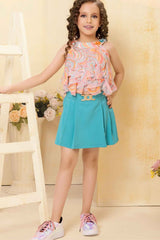Stylish Turquoise Blue Printed Top And Skirt Set For Girls