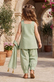 Girls Green With Pink Floral Embroidered Patiala Set