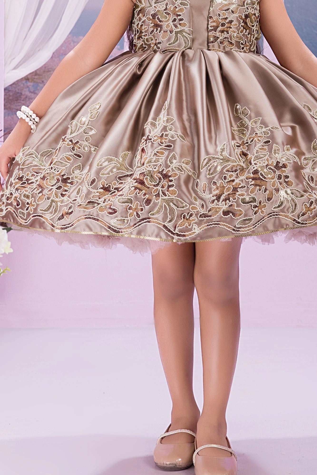 Copper Floral Embroidered Party Frock For Girls