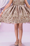 Copper Floral Embroidered Party Frock For Girls
