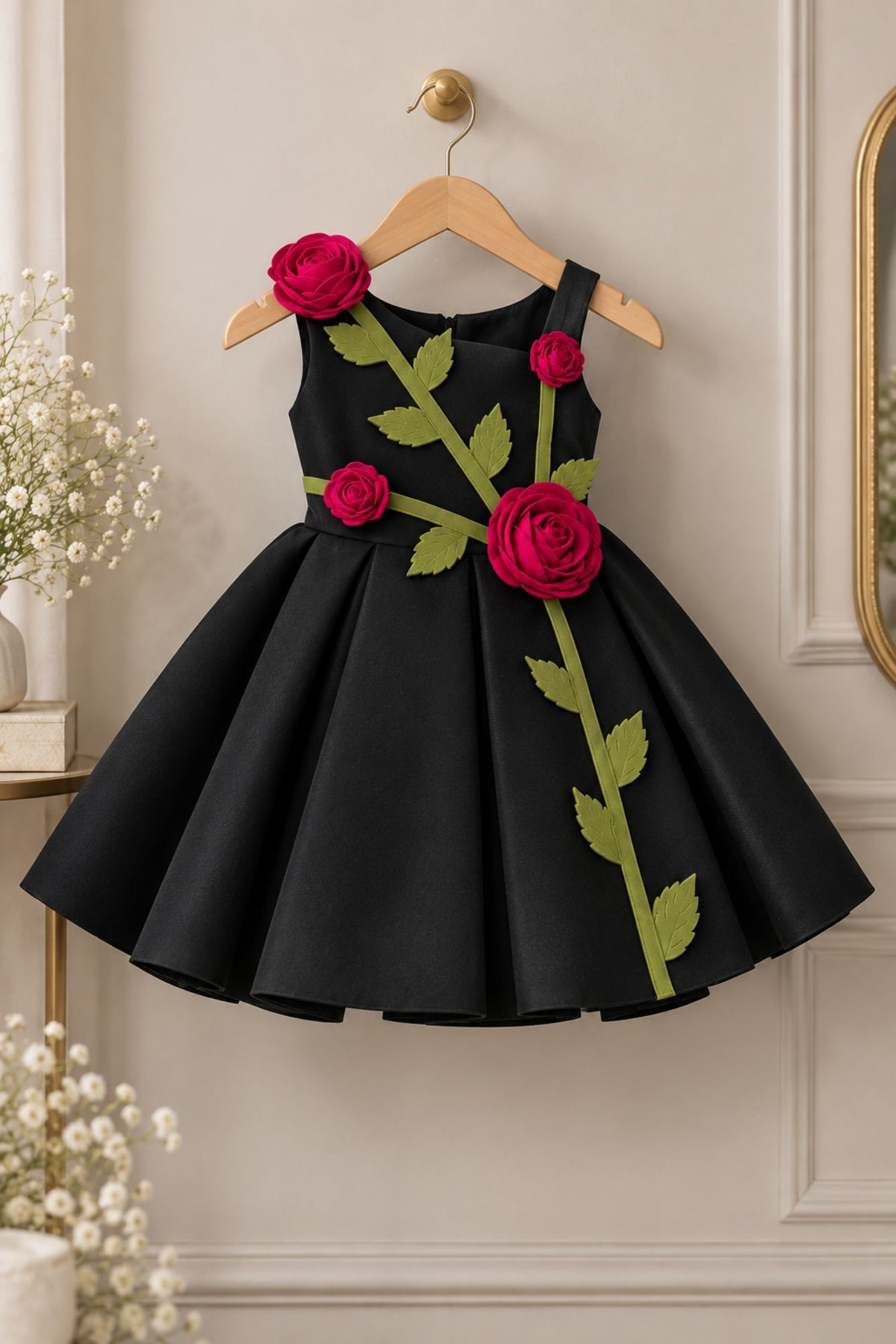 Girls Black 3D Rose Applique Party Wear Frock