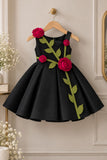 Girls Black 3D Rose Applique Party Wear Frock