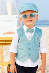 White Shirt And Pant Set With Overcoat And Bow For Boys