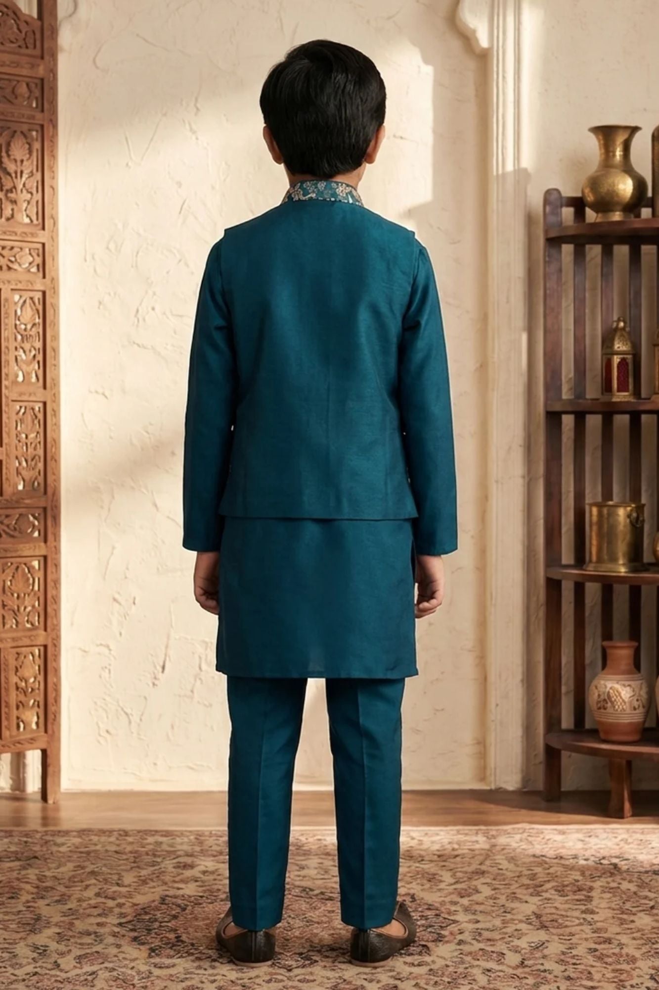 Boys Blue Floral Embroidered Kurta Set With Nehru Jacket