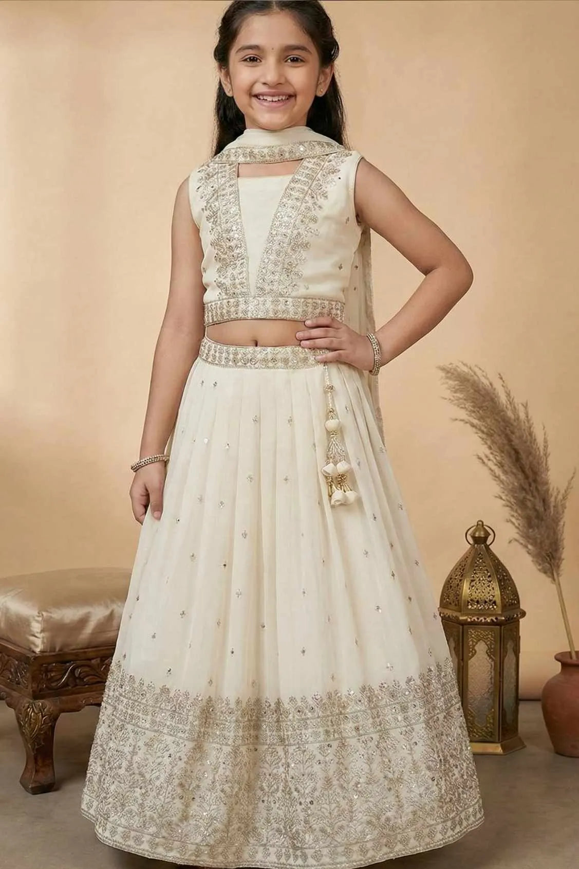 Cream Embroidered Lehenga Choli Set with Dupatta For Girls