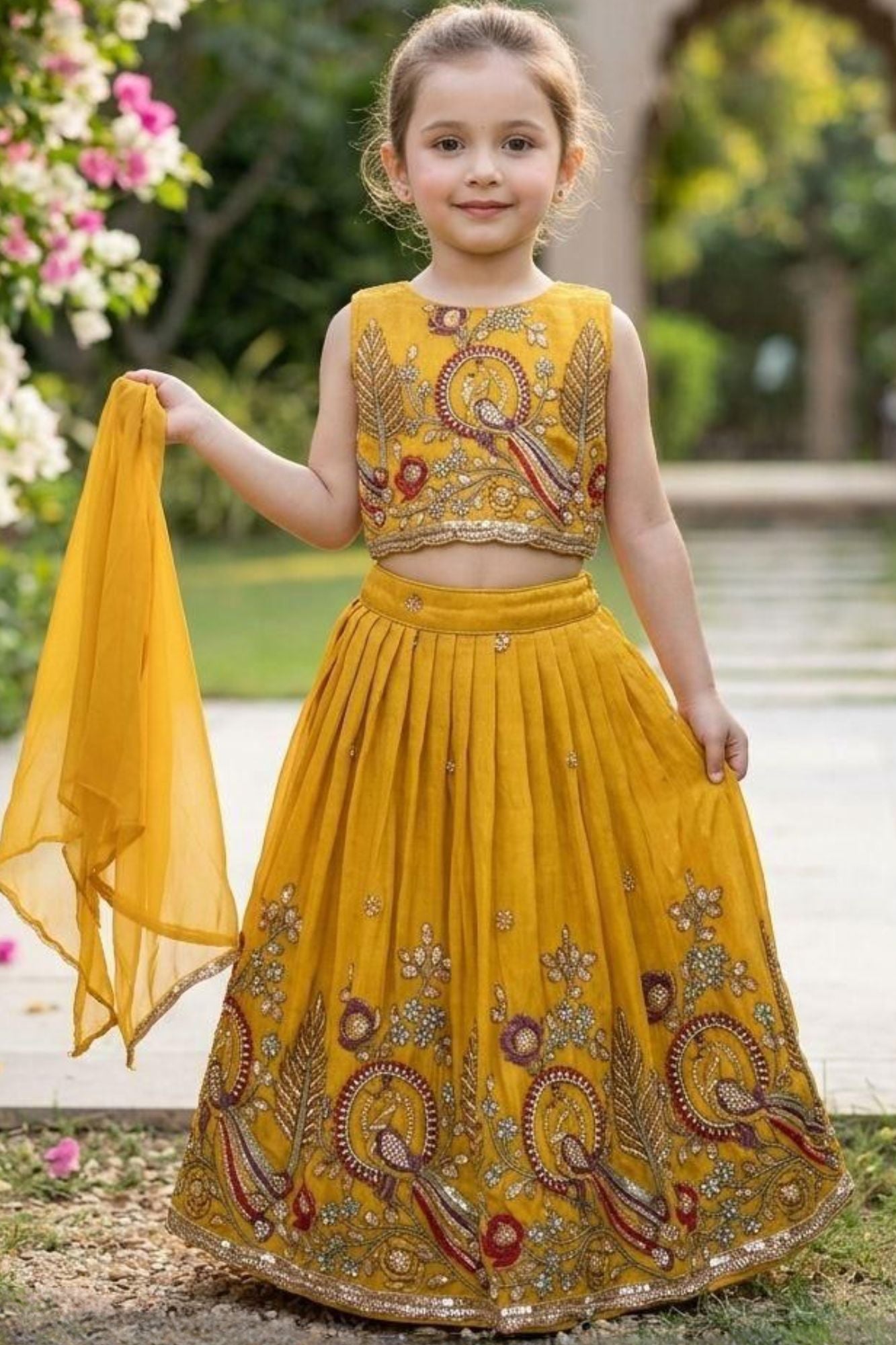 Mustard Yellow Peacock Embroidered Lehenga Choli Set with Dupatta