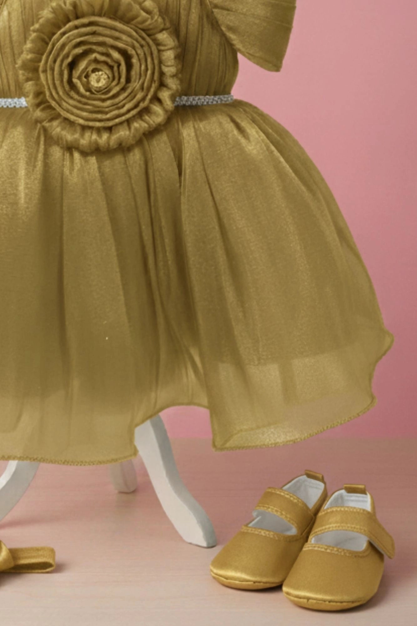 Gold Party Frock with Pleated Flower Appliqué and Shimmer Finish For Girls