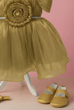 Gold Party Frock with Pleated Flower Appliqué and Shimmer Finish For Girls
