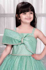 Green Sleeveless And Bow Embellishment With Stone Worked Gown For Girls