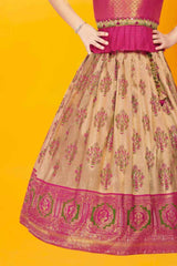 Maroon Silk Pattu Pavadai With Gold Foil Print For Girls