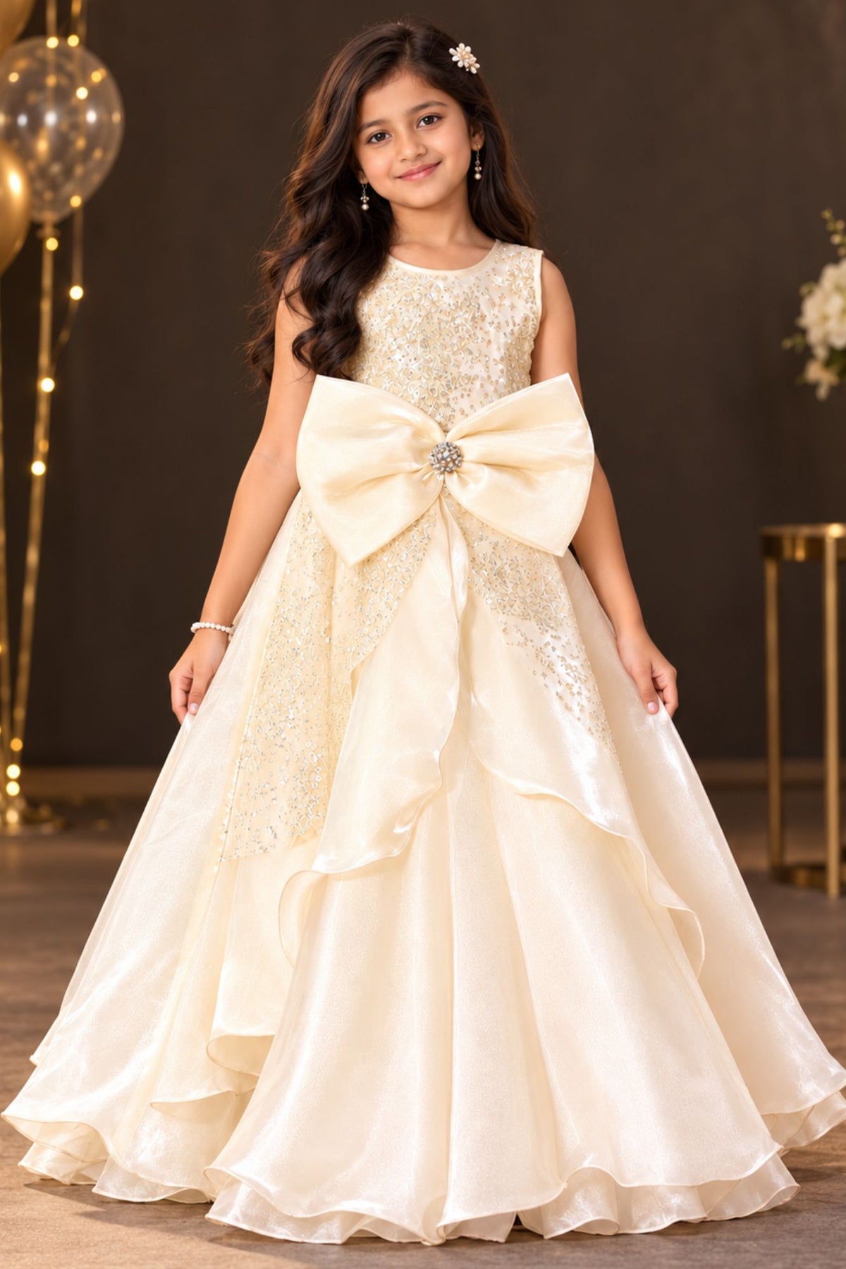 Cream Sequin Embellished Party Wear Gown For Girls