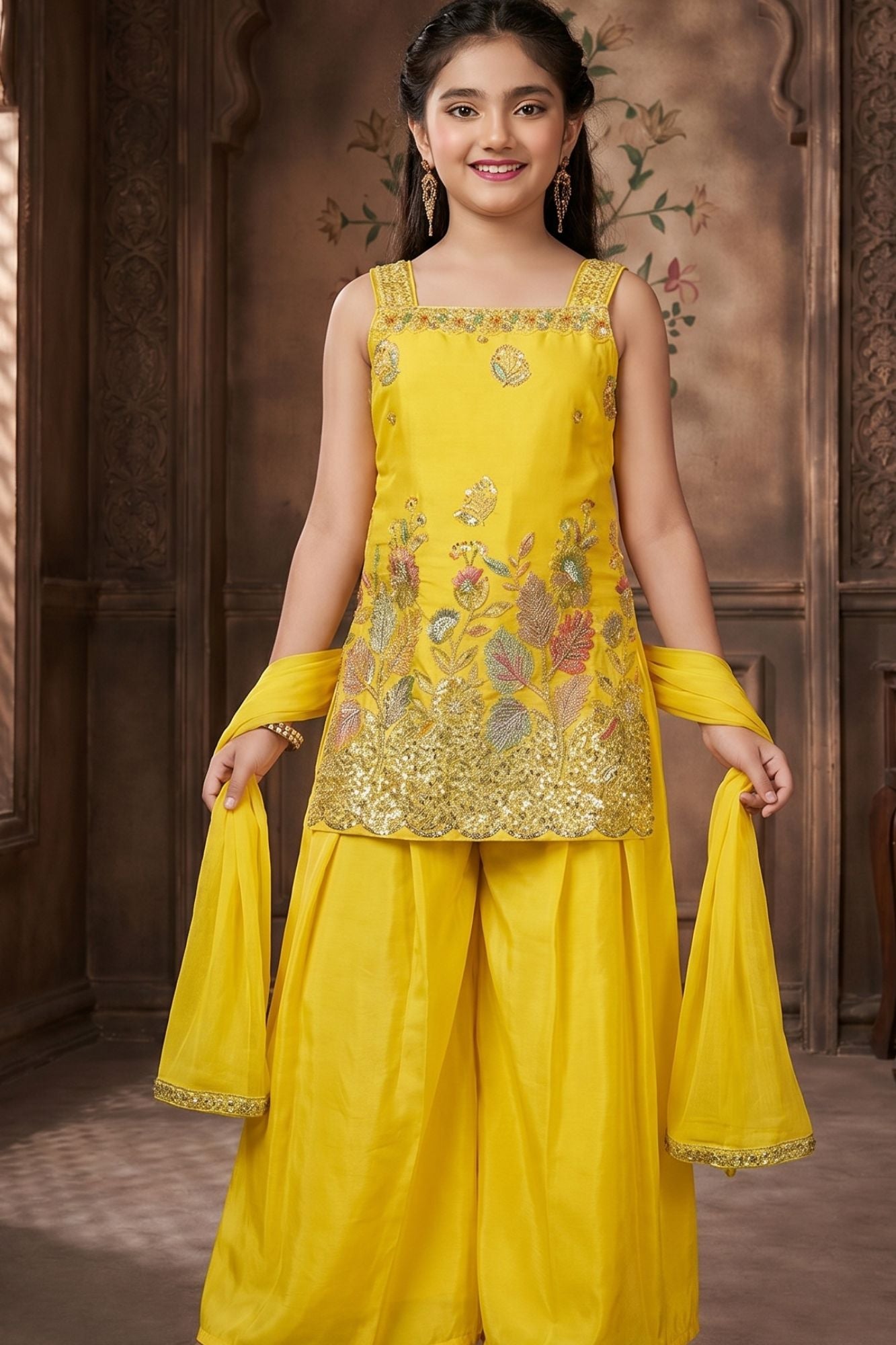 Yellow Floral Sequin Work Palazzo Set with Dupatta For Girls